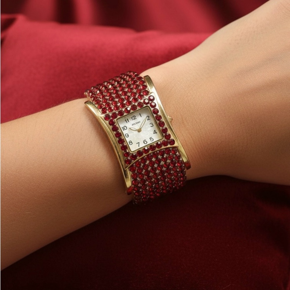 Vintage 90’s Red Hot Swarovski Crystal Wide Band Bracelet Watch